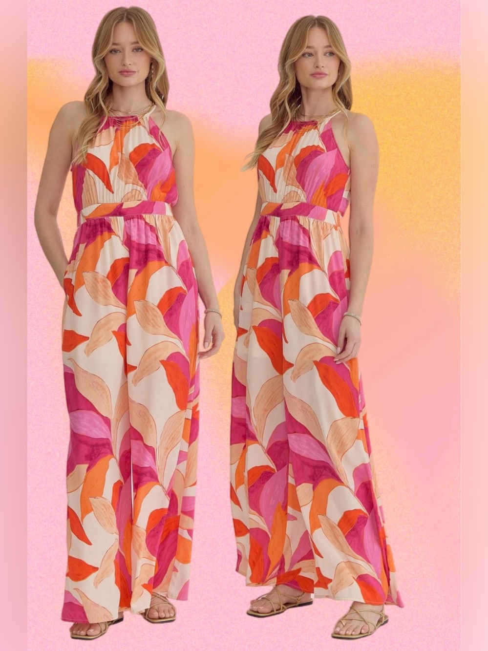 Entro | Paloma Abstract Tropical Vacation Vibes Jumpsuit Pink Orange New Medium